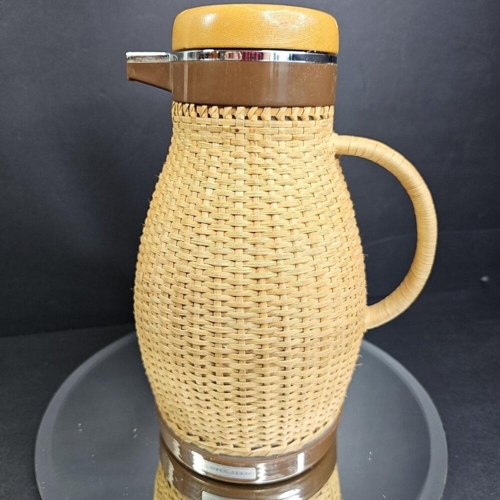 Corning Designs MCM Vintage Rattan Wicker Covered Insulated Thermos Carafe Rare